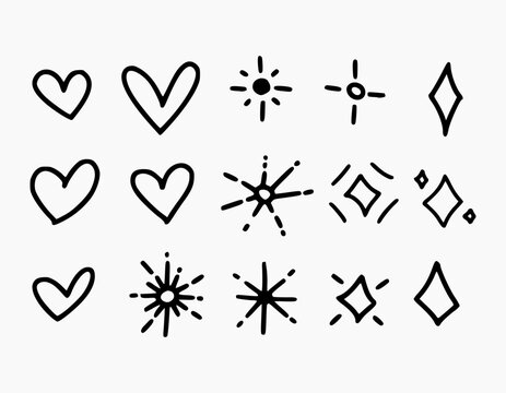 Set of hand drawn hearts, diamonds, lights. Simple hand drawn doodle elements isolated on white background. Signs and symbols with scribble style.