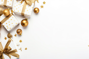 Christmas and New Year holiday greeting card background. Christmas gifts and ornaments on white background. Generative AI