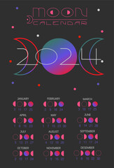 Moon calendar 2024 year. Cyberpunk style. Hand draw illustration.