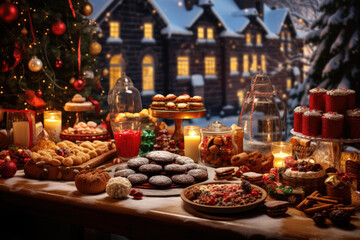 Fototapeta premium Thanksgiving Food and Dessert for party invitation, Christmas party celebration with dinner meal on table, Happy new year and Xmas scene, wooden table full of food and treats.