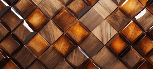 Abstract brown wooden glazed glossy deco glamour mosaic tile wall texture with geometric shapes - 3d wood background with square cubes - obrazy, fototapety, plakaty