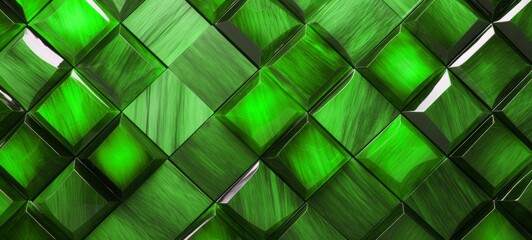 Fototapeta na wymiar Abstract neon green wooden glazed glossy deco glamour mosaic tile wall texture with geometric shapes - 3d wood background with square cubes
