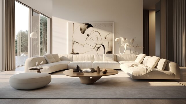 Awash in natural light, an opulent yet minimalist living room decorated in rationalist taste boasts sleek contours, soft carpets and artistic adornments