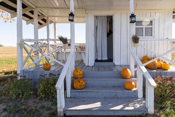 Pumpkins on a wooden threshold, autumn. Halloween.