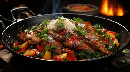 A Classic Dish Spicy Chicken Stir Fry on Blurry Background