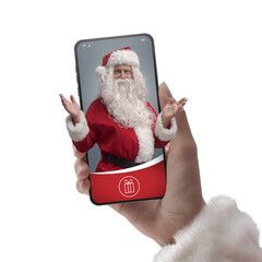 Naklejka premium Santa Claus in a smartphone screen