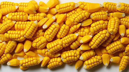 Top View Group of Fresh Organic Yellow Corn With Copy Space Defocused White Background
