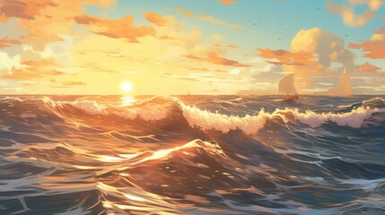 Stunning landscape with a cartoon summer sunrise, fluffy clouds, ocean, and a shining sun.