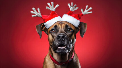 Joyful dog wearing a Santa hat and faux reindeer antlers against a bright red background, embodying a festive and playful spirit.