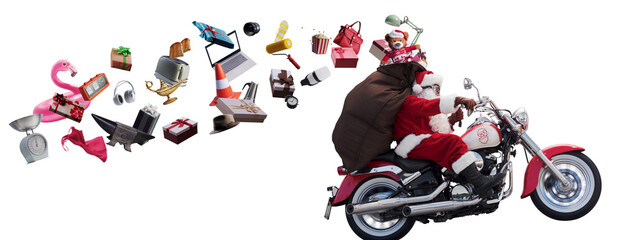 Biker Santa losing assorted gifts while riding