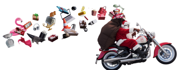 Biker Santa losing assorted gifts while riding