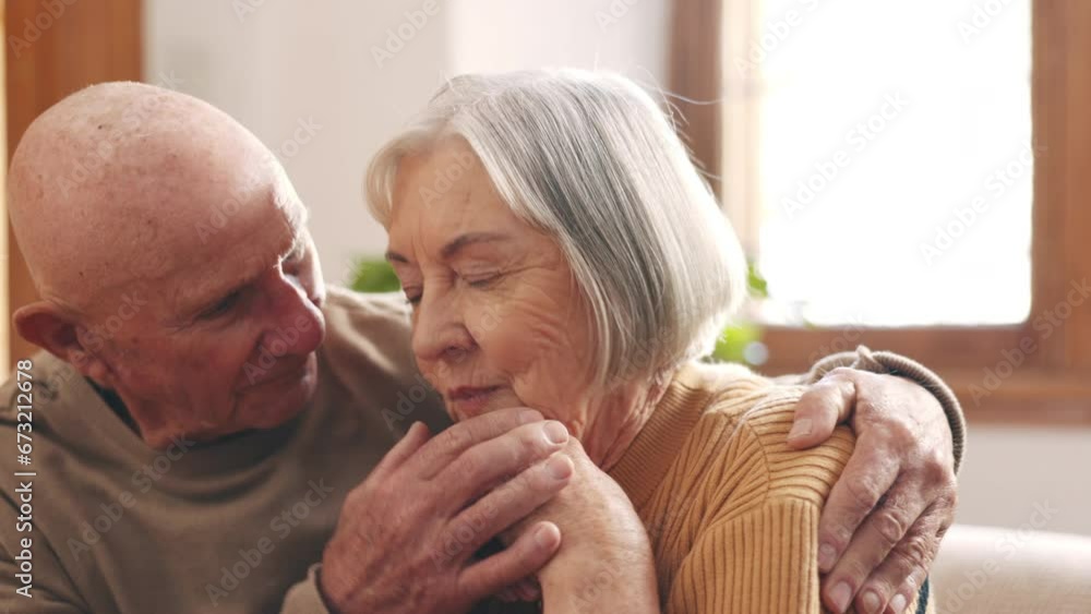 Poster Couple, support and senior woman stress with lounge and care in a home with love and empathy. Anxiety, retirement and marriage of elderly people together on couch with hug and rest with kindness