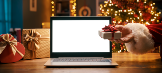 Santa Claus bringing a gift and blank laptop