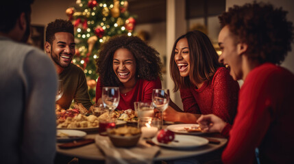 Group of friends enjoying a lively Christmas dinner party, filled with laughter and good cheer, in a warmly lit room decorated for the holiday season.