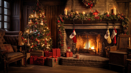 Fototapeta na wymiar A beautifully decorated living room is illuminated by the warm glow of a fireplace, adorned with festive Christmas decorations,