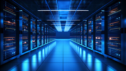 Futuristic Data Center Interior, Neon-lit server racks in modern data center, Technology Infrastructure Concept Art, Generative AI