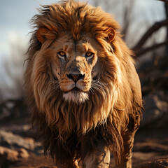 Naklejka premium King of the Savanna: A Majestic Lion's Journey,portrait of a lion,portrait of a male lion