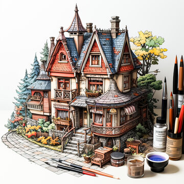 Watercolor art captures the grace of European homes in a picturesque landscape