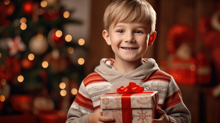 Fototapeta na wymiar A delighted boy with a beaming smile holds a Christmas present , surrounded by the festive glow of tree lights and ornaments.