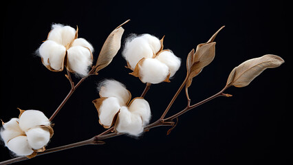 Photo of a branch of cotton on a black background. Beauty and tenderness.