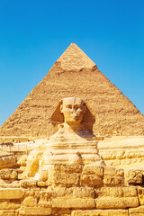 Pyramid of Khafre and the Great Sphinx. Great Egyptian pyramids.