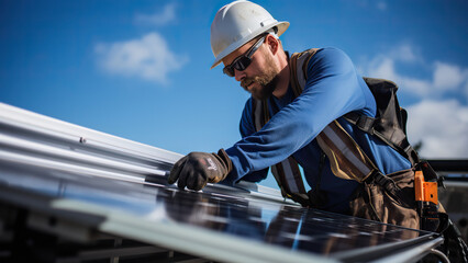 A handyman installing solar panels on the rooftop.