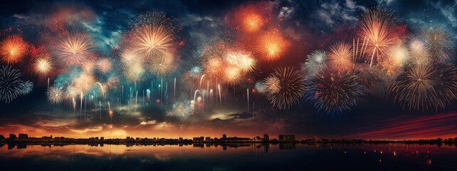 fireworks over night city sky, holiday background, bright colorful lights - obrazy, fototapety, plakaty