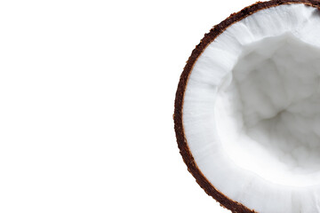 Half a coconut with white flesh, close-up. Copy space.