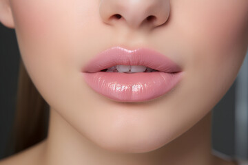 Fototapeta premium Sexy Pink Lips close up. Healthy full woman lips. Round and pouty lips. Pinky juicy lips.