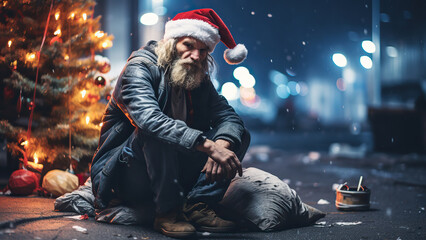 Homeless man in a Santa hat near the Christmas.