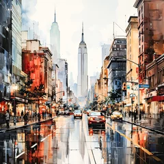 Fotobehang Aquarelschilderij wolkenkrabber  Watercolor sketch captures the energy of New York streets and iconic skyscrapers