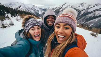 Group of multinational friends in colorful winter clothes are having fun and doing selfie at the top of mountain. Winter ski and snowboarding vacations concept
