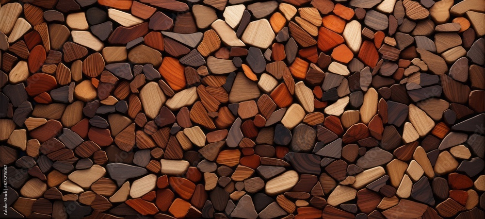 Poster abstract block stack wooden 3d cubes on the wall for background banner panorama - brown wood texture