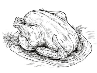 Drawing of Roast poultry turkey or chicken illustration separated, sweeping overdrawn lines.