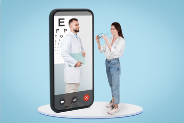 Young man ophthalmologist in phone screen consulting lady on glasses