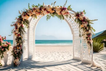 beautiful wooden decorative arch with flowers on the beach, white walkway for wedding ceremony