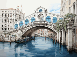 Drawing of rialto bridge Charcoal pencils and thick black chalk pencil strokes illustration separated, sweeping overdrawn lines. - obrazy, fototapety, plakaty