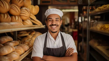 Selbstklebende Fototapeten Smiling baker standing in his bakery among baked breads and rolls. Generative AI © Maciej Koba