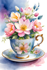 watercolor petals in tea cup on transparent background