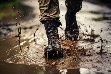 Made with generative AI close up image of a military male person running on rainy muddy battlefield ground