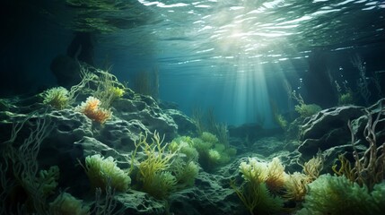 Fototapeta na wymiar Algae under water. Seabed landscape.