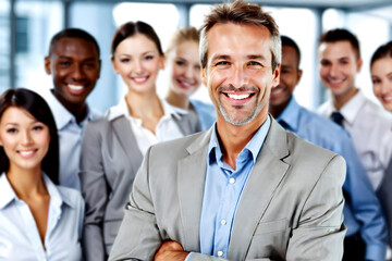 Obraz premium smiling mid-age businessman standing in front of team, at meeting room office, smiling at camera