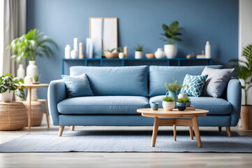 Modern blurred bright home interior with blue sofa in living room