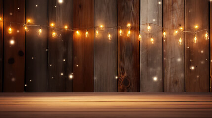Series of string lights hanging against a dark wooden wall and floor, creating a soft, ambient glow.