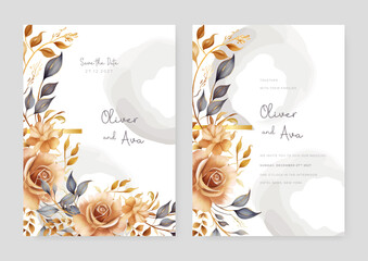 Brown rose wedding invitation card template with flower and floral watercolor texture vector