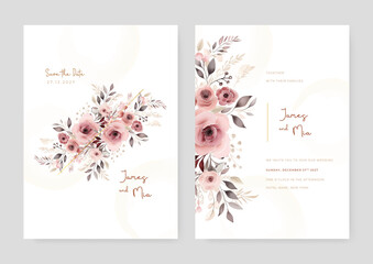 Pink poppy beautiful wedding invitation card template set with flowers and floral