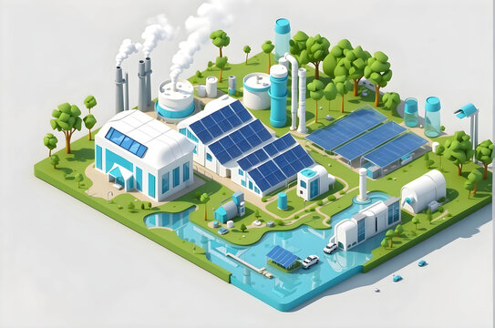 hydrogen energy power plant green power ecology system production with solar cell diagram,3d style