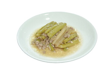fried slice lotus stems with chop pork in soy sauce on plate