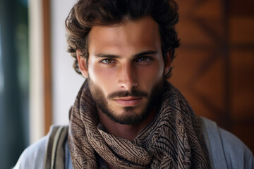 Fototapeta premium Young arab man in national clothes and turban Muslim man Saudi african moroccan yemenite persian men generative ai