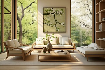 Eco-friendly living room furnished with contemporary pieces, embracing nature in springtime. Generative AI